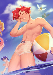 Rule 34 | 1girl, 2boys, armpits, ball, beachball, bulge, chest hair, dark pit, erection, erection under clothes, fire emblem, kirby, marth (fire emblem), meep, multiple boys, nintendo, patreon username, pit (kid icarus), red hair, roy (fire emblem), smile, sunglasses, twitter username, wet, wings