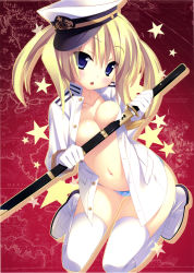 Rule 34 | 1girl, absurdres, blonde hair, blue eyes, blush, boots, bow, bow panties, breast press, breasts, collarbone, gloves, hat, highres, kannagi rei, katana, knee boots, looking at viewer, military, military uniform, navel, no pants, open clothes, open mouth, panties, peaked cap, scan, sitting, solo, striped clothes, striped panties, sword, thighhighs, twintails, underwear, uniform, weapon, white footwear, white gloves, white thighhighs