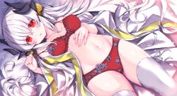 Rule 34 | 1girl, bra, breasts, dragon girl, dragon horns, fate/grand order, fate (series), grey hair, highres, horns, japanese clothes, kimono, kiyohime (fate), kiyohime (third ascension) (fate), long hair, lying, medium breasts, morizono shiki, multiple horns, navel, on back, open clothes, open kimono, panties, red bra, red eyes, red panties, solo, strap slip, underwear