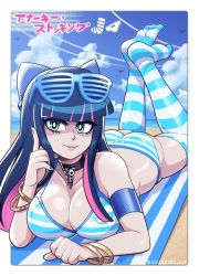 Rule 34 | 1girl, aqua bikini, aqua thighhighs, ass, bangle, beach, bikini, black choker, black hair, blue-framed eyewear, blue bow, blue nails, bow, bracelet, breasts, charm (object), choker, cleavage, colored inner hair, commentary, day, english commentary, feet up, fingernails, full body, green eyes, hair bow, hime cut, honekoneko (psg), jewelry, large breasts, lips, long hair, looking at viewer, lying, mike luckas, multicolored hair, nail polish, ocean, on stomach, panty &amp; stocking with garterbelt, pink hair, shutter shades, smile, solo, stocking (psg), striped bikini, striped clothes, swimsuit, the pose, thighhighs, two-tone hair, white thighhighs