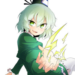 Rule 34 | 1girl, chipa (arutana), electricity, female focus, ghost tail, green eyes, green hair, hat, long sleeves, matching hair/eyes, multiple tails, open mouth, puffy sleeves, short hair, soga no tojiko, solo, tail, tate eboshi, touhou, white background