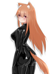 Rule 34 | 1girl, absurdres, animal ear fluff, animal ears, arms at sides, bodysuit, breasts, drop shadow, highres, hiuyec, holo, latex, latex bodysuit, long hair, looking at viewer, medium breasts, orange hair, red eyes, shiny clothes, skin tight, smile, solo, spice and wolf, tail, white background, wolf ears, wolf tail