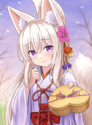 1girl absurdres animal_ear_fluff animal_ears bare_tree blue_sky blush bow box brown_hair closed_mouth commentary_request day flower folded_ponytail fox_ears fox_girl fox_tail gift hair_between_eyes hair_flower hair_ornament hakama hand_up heart-shaped_box highres holding holding_gift iroha_(iroha_matsurika) japanese_clothes kimono koyoi_(iroha_(iroha_matsurika)) long_hair miko original outdoors pink_flower purple_eyes red_bow red_hakama sky solo tail tree valentine very_long_hair white_kimono