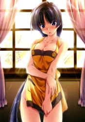 Rule 34 | 1girl, absurdres, apron, black hair, blush, breasts squeezed together, breasts, cleavage, fukamori shizuka, highres, large breasts, long hair, naked apron, open mouth, princess waltz, purple eyes, scan, solo, takeya masami, very long hair