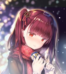 Rule 34 | 1girl, blurry, blurry background, blush, braid, brown coat, can, closed mouth, coat, french braid, girls&#039; frontline, gloves, hair ornament, hair ribbon, half updo, highres, holding, holding can, long hair, looking at viewer, official alternate costume, one side up, outdoors, purple hair, red eyes, red scarf, rei (rei&#039;s room), ribbon, scarf, sidelocks, snowflake hair ornament, snowflake print, snowing, solo, very long hair, wa2000 (date in the snow) (girls&#039; frontline), wa2000 (girls&#039; frontline), white gloves