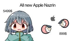 Rule 34 | 1girl, animal ears, apple inc., capelet, capitalism, commentary, detached ears, english text, grey hair, hair between eyes, highres, kasuya baian, looking at viewer, meme, mouse ears, mouse girl, nazrin, open mouth, portrait, red eyes, short hair, simple background, solo, sweat, tareme, touhou, white background