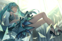 Rule 34 | 1girl, :o, aqua hair, artist name, backless dress, backless outfit, bare legs, bare shoulders, black footwear, blurry, blurry background, breasts, clothing cutout, commentary, detached sleeves, dress, faruzan (genshin impact), from side, full body, genshin impact, green eyes, hair ornament, high heels, highres, knees up, legs, long hair, parted lips, ruochongsang, short sleeves, shoulder cutout, sidelocks, small breasts, solo, strappy heels, symbol-shaped pupils, thighs, triangle-shaped pupils, twintails, white dress, white sleeves, x hair ornament
