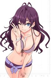 Rule 34 | 10s, 1girl, ;3, antenna hair, bare shoulders, bikini, bikini top only, blue eyes, bracelet, breasts, cleavage, cowboy shot, earrings, female focus, front-tie top, highres, ichinose shiki, idolmaster, idolmaster cinderella girls, jewelry, large breasts, long hair, looking at viewer, navel, necklace, one eye closed, purple bikini, purple hair, short shorts, shorts, simple background, smile, solo, swimsuit, thigh gap, unfinished, v, white background, whoosaku