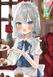 Rule 34 | 1girl, absurdres, aged down, apron, blue bow, blue bowtie, blue eyes, blush, bow, bowtie, braid, child, commentary request, couch, cup, dessert, diamond-shaped pupils, diamond (shape), flower, food, grey hair, hair bow, highres, holding, holding teapot, izayoi sakuya, looking at viewer, maid, maid apron, maid headdress, medium hair, okome2028, open mouth, painting (object), picture frame, puffy short sleeves, puffy sleeves, red flower, red rose, rose, shadow, short sleeves, single braid, smile, solo, symbol-shaped pupils, tea, teacup, teapot, touhou, vase, waist apron, white apron, wrist cuffs