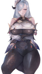 Rule 34 | 1girl, absurdres, bare shoulders, black bodysuit, blue nails, blush, bodysuit, breast curtain, breasts, covered navel, crossed arms, curvy, detached sleeves, genshin impact, hair between eyes, hair ornament, hair over one eye, highres, hip vent, kataku musou, kneeling, large breasts, long hair, looking at viewer, nail polish, open mouth, parted bangs, purple eyes, seiza, shenhe (genshin impact), silver hair, sitting, solo, thick thighs, thighs, underboob, wide hips