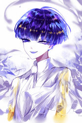 Rule 34 | 1other, absurdres, androgynous, artist name, blue eyes, blue hair, golden arms, highres, houseki no kuni, looking at viewer, necktie, open mouth, phosphophyllite (ll), sheya, shirt, short hair, short sleeves, signature, smile, solo, spoilers, upper body, very short hair, white background, white necktie, white shirt, wide sleeves, wings
