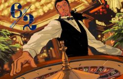 Rule 34 | 1boy, black bow, black bowtie, black hair, bow, bowtie, casino, facial hair, highres, indoors, long sleeves, looking at viewer, low ponytail, one piece, rob lucci, roulette table, smile, solo, sutaneko, table, vest