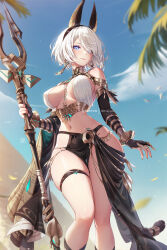 Rule 34 | 1girl, 2b (nier:automata), animal ears, bird, black nails, blue eyes, blue sky, breasts, closed mouth, cloud, day, earrings, egyptian, fake animal ears, hair over one eye, holding, holding staff, jackal ears, jewelry, large breasts, lips, mitsu (mitsu art), mole, mole under mouth, navel, nier:automata, nier (series), outdoors, palm tree, pyramid (structure), short hair, skindentation, sky, smile, solo, staff, standing, tail, thigh strap, tree, white hair