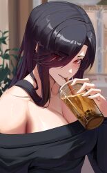 Rule 34 | 1girl, absurdres, black hair, breasts, bubble tea, cleavage, collarbone, commission, cup, drinking straw, eyes visible through hair, hair over one eye, highres, holding, holding cup, large breasts, long hair, off-shoulder sweater, off shoulder, original, plant, rasipan, red eyes, solo, sweater, upper body