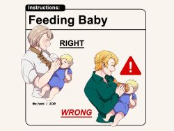 Rule 34 | 1boy, 2girls, baby, baby bottle, blonde hair, blouse, blush, bottle, breasts, carrying, chicken (food), chicken leg, closed eyes, closed mouth, collared shirt, commentary, dated, earrings, english commentary, english text, feeding, fire emblem, fire emblem: three houses, green shirt, grey background, ingrid brandl galatea, jewelry, light brown hair, long sleeves, looking at another, medium breasts, meme, mercedes von martritz, multiple girls, nintendo, open mouth, profile, scar, shirt, short hair, sign, simple background, smile, twitter username, warning sign, z hard