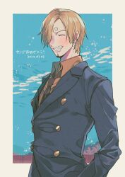 Rule 34 | 1boy, black jacket, black suit, blonde hair, blush, border, buttons, closed eyes, collared shirt, commentary request, curly hair, dated, facial hair, formal, goatee, hair over one eye, highres, jacket, male focus, mustache stubble, one piece, paruma umu, sanji (one piece), shirt, short hair, sky, smile, solo, sshs1045, stubble, suit, white border