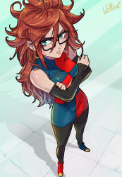 Rule 34 | 1girl, android 21, bare shoulders, black-framed eyewear, blue eyes, breasts, brown hair, curly hair, detached sleeves, dragon ball, dragon ball fighterz, dress, earrings, glasses, highres, hoop earrings, jewelry, long hair, looking at viewer, medium breasts, nail polish, pantyhose, red hair, solo, wallace pires