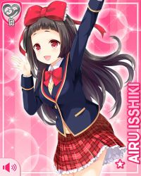 Rule 34 | 1girl, arm up, black hair, blue jacket, bow, card, character name, girlfriend (kari), hair bow, isshiki airu, jacket, long hair, official art, open hand, open mouth, pink background, plaid, plaid skirt, qp:flapper, red bow, red eyes, red skirt, school uniform, shirt, skirt, smile, solo, tagme, vest, white shirt, yellow vest