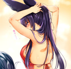 Rule 34 | 1girl, animal ears, arms up, back, bare shoulders, black hair, blush, breasts, commentary request, erune, fox ears, fox tail, granblue fantasy, holding, holding own hair, large breasts, long hair, mitsugi, ponytail, red eyes, shoulder blades, sideboob, solo, tail, tying hair, upper body, very long hair, wet, yuel (granblue fantasy)
