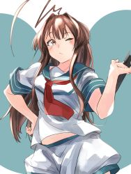 Rule 34 | 1girl, ahoge, ailiner7060, brown eyes, brown hair, commentary request, cowboy shot, green sailor collar, hand on own hip, highres, huge ahoge, kantai collection, kuma (kancolle), long hair, neckerchief, one eye closed, red neckerchief, sailor collar, school uniform, serafuku, short sleeves, shorts, solo, torpedo, two-tone background, white shorts