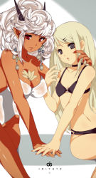 Rule 34 | 2girls, :o, arm around neck, bad id, bad pixiv id, bikini, blonde hair, breasts, choker, cleavage, dark skin, dark-skinned female, earrings, flat chest, grey eyes, hair ornament, holding hands, horns, interracial, jewelry, large breasts, long hair, multiple girls, navel, o-ring, o-ring top, one-piece swimsuit, original, pointy ears, red eyes, sitting, swimsuit, viola (seed), white hair