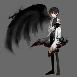 Rule 34 | 1boy, black gloves, black pants, black shirt, black wings, coat, e.g.o (project moon), embers, full body, gloves, highres, limbus company, long sleeves, male focus, multicolored hair, no 710, pants, project moon, red hair, shirt, single wing, smoke, solo, standing, streaked hair, white coat, wings, yi sang (project moon)