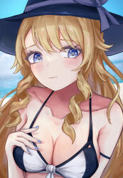 Rule 34 | 1girl, bare shoulders, beach, bikini, blonde hair, blue eyes, blue hat, blue nails, blue sky, breasts, cleavage, commentary request, day, drill hair, drill sidelocks, genshin impact, hand on own chest, hat, long hair, looking at viewer, medium breasts, nail polish, navia (genshin impact), outdoors, sidelocks, sky, solo, sun hat, swimsuit, tefutefufu, upper body, very long hair