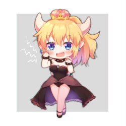 Rule 34 | 1girl, :d, bad id, bad pixiv id, bare shoulders, black footwear, black leotard, black nails, blonde hair, blush, bowsette, bracelet, breasts, chibi, collar, collarbone, commentary request, crown, earrings, fingernails, foreign blue, hair between eyes, hands up, high ponytail, horns, jewelry, leotard, mario (series), medium breasts, mini crown, nail polish, new super mario bros. u deluxe, nintendo, open mouth, outside border, pointy ears, ponytail, sharp teeth, shoes, smile, solo, spiked bracelet, spiked collar, spikes, standing, strapless, strapless leotard, super crown, teeth, v-shaped eyebrows