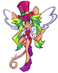 Rule 34 | 1girl, animal ears, blush stickers, breasts, green hair, hat, highres, jamoart, leotard, mad rat dead, mouse (animal), mouse ears, mouse girl, mouse tail, nippon ichi, rat god, red eyes, tail, tie clip, top hat, wings, wrist cuffs