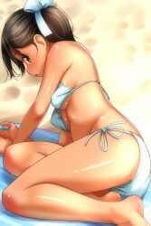 1girl :o absurdres aqua_bikini ass bare_arms bare_legs barefoot beach beach_towel bikini black_eyes black_hair blue_bikini blush breasts covered_erect_nipples dated_commentary day hair_ribbon highres matsunaga_kouyou multicolored_bikini open_mouth original outdoors ribbon short_hair side-tie_bikini_bottom small_breasts solo striped_bikini striped_clothes swimsuit teeth thighs towel two-tone_bikini underboob upper_teeth_only