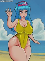 Rule 34 | 1girl, absurdres, bare shoulders, beach, blue eyes, blue hair, blue sky, breasts, cleavage, curvy, derivative work, diving mask, diving mask on head, dragon ball, dragonball z, exzamielarts, goggles, goggles on head, highleg, highleg swimsuit, highres, long hair, looking at viewer, maron (dragon ball), maron redraw challenge (meme), meme, meme attire, naughty face, one-piece swimsuit, salute, screenshot redraw, seductive smile, shiny skin, sky, smile, swimsuit, water, wide hips, yellow one-piece swimsuit
