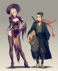 Rule 34 | 1boy, 1girl, amigasa, black hair, blonde hair, blue eyes, genji (overwatch), hand on neck, hat, highres, japanese clothes, kimono, looking at another, looking to the side, mercy (overwatch), overwatch, overwatch 1, rehg 2020, scarf, straw hat, tabi, thighhighs, witch, witch hat, witch mercy, young genji, aged down