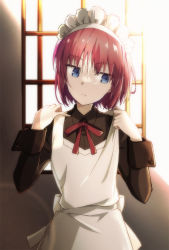 Rule 34 | 1girl, apron, azami masurao, blue eyes, brown dress, closed mouth, commentary request, dress, highres, hisui (tsukihime), indoors, long sleeves, looking away, maid, maid apron, maid headdress, neck ribbon, red hair, red ribbon, ribbon, short hair, solo, sunlight, tsukihime, white apron, window