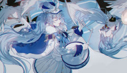 Rule 34 | 1girl, balloon, band uniform, bird, blue cloak, blue eyes, blue hair, braid, breasts, chromatic aberration, cloak, commentary request, cowboy shot, dove, drum, drumsticks, epaulettes, fur collar, fur trim, gloves, grey background, hair between eyes, hat, hatsune miku, hitokoto, holding, holding drumsticks, instrument, light blue hair, long hair, long sleeves, looking at viewer, musical note, one eye closed, open mouth, pleated skirt, rabbit yukine, shako cap, shirt, sideways glance, skirt, sleeve cuffs, small breasts, snare drum, solo, twintails, very long hair, vocaloid, white gloves, white shirt, white skirt, yuki miku, yuki miku (2020), yuki miku (2020) (candidate no.6)