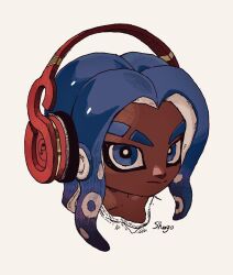 Rule 34 | 1boy, artist name, blue eyes, blue hair, bright pupils, closed mouth, collarbone, dark-skinned male, dark skin, eyebrow cut, headphones, highres, looking at viewer, male focus, matching hair/eyes, nintendo, octoling, octoling boy, octoling player character, portrait, shogo (shogo70449442), short hair, sidelocks, signature, simple background, solo, splatoon (series), split mouth, suction cups, tentacle hair, tentacles, white background, white pupils