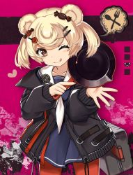 Rule 34 | 1girl, animal ears, arknights, bear ears, black jacket, blonde hair, brown eyes, candy hair ornament, cowboy shot, dress, food-themed hair ornament, frying pan, gummy (arknights), hair ornament, hairclip, highres, holding, holding frying pan, jacket, long sleeves, looking at viewer, neckerchief, one eye closed, open clothes, open jacket, orange pantyhose, pantyhose, sailor collar, sailor dress, short hair, smile, solo, standing, tongue, tongue out, unnyori, white neckerchief, white sailor collar