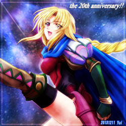 Rule 34 | 10s, 1girl, 2013, anniversary, armor, blonde hair, blue background, bracelet, braid, cape, clenched hand, dated, fingerless gloves, gloves, heterochromia, jewelry, kicking, long hair, protagonist (romancing saga 2), puffy sleeves, red eyes, romancing saga 2, saga, shuraku yui, single braid, smile, solo