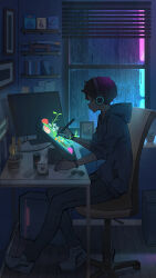 Rule 34 | 1boy, absurdres, blue hoodie, blue pants, book, bookshelf, bracelet, chair, commentary request, computer, cup, desk, drawing, drawing (object), drawing tablet, full body, headphones, highres, hood, hoodie, indoors, jewelry, key, male focus, monitor, original, pants, pasoputi, picture frame, plant, potted plant, rain, short hair, sitting, solo, window, window blinds, wooden floor