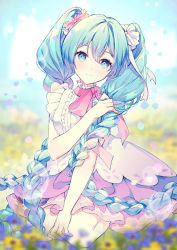 Rule 34 | 1girl, alternate hairstyle, aqua eyes, aqua hair, bare arms, blurry, blurry background, blurry foreground, bokeh, braid, closed mouth, commentary, depth of field, dress, floral background, flower, frilled dress, frills, hair between eyes, hair flower, hair ornament, hatsune miku, highres, legs folded, long hair, looking at viewer, outdoors, petals, pink dress, pink ribbon, ribbon, rumi (rarumi11), seiza, shadow, sitting, smile, solo, split mouth, twin braids, very long hair, vocaloid