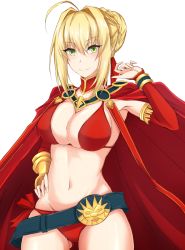 Rule 34 | 1girl, ahoge, belt, bikini, black belt, blonde hair, braid, breasts, cape, commentary request, cowboy shot, detached sleeves, fate/grand order, fate (series), french braid, green eyes, hair intakes, hand up, large breasts, looking at viewer, navel, nero claudius (battle olympia) (fate), nero claudius (fate), nero claudius (fate) (all), nero claudius (fate/extra), official alternate costume, red bikini, red cape, short hair, side-tie bikini bottom, sidelocks, simple background, smile, solo, standing, swimsuit, thighs, watarase piro, white background