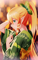 Rule 34 | 1girl, alternate costume, blonde hair, blurry, blurry background, bow, braid, closed mouth, commentary request, elf, fairy (sao), from side, green bow, green eyes, green kimono, hair between eyes, hair bow, highres, japanese clothes, ken-ji, kimono, leaf print, leafa, long hair, looking at viewer, looking to the side, pointy ears, ponytail, print kimono, profile, signature, smile, solo, sword art online, twitter username, upper body, wide sleeves, yukata