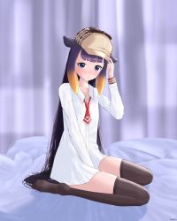 Rule 34 | 1girl, adjusting clothes, adjusting headwear, alternate costume, bedroom, between legs, blunt bangs, blush, bottomless, collarbone, collared shirt, deerstalker, feet, flat chest, gradient hair, hair flaps, hand between legs, hat, highres, hime cut, hololive, hololive english, indoors, legs, long hair, mole, mole under eye, multicolored hair, necktie, ninomae ina&#039;nis, on bed, orange hair, oversized clothes, purple eyes, purple hair, shirt, short necktie, sitting, solo, swoog10, thighhighs, thighs, very long hair, virtual youtuber, wariza, watermark, watson amelia