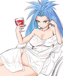 Rule 34 | 1girl, blue hair, breasts, chrono trigger, cleavage, closed mouth, earrings, green eyes, groin, hair intakes, jewelry, large breasts, long hair, lying, mature female, queen zeal, s-a-murai, simple background, smile, solo, very long hair, white background