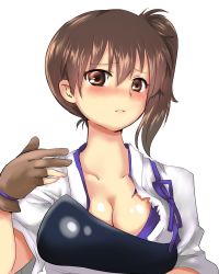 Rule 34 | 10s, 1girl, bad id, bad pixiv id, blush, breasts, brown eyes, brown hair, cleavage, fingerless gloves, gloves, japanese clothes, kaga (kancolle), kantai collection, medium breasts, muneate, partially fingerless gloves, partly fingerless gloves, personification, short hair, side ponytail, solo, torn clothes, upper body, uzuki kouta, white background, yugake