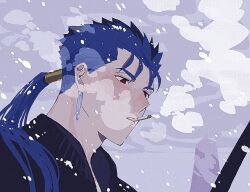 Rule 34 | 1boy, black shirt, blue hair, brown eyes, cigarette, cu chulainn (fate), earrings, fate (series), grey sky, hal (haaaalhal), jewelry, long hair, male focus, mouth hold, outdoors, ponytail, shirt, signature, sky, smoke, smoking, snowing, solo, winter