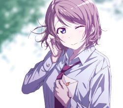 Rule 34 | 1girl, bad id, bad pixiv id, blue eyes, collared shirt, envelope, gamjolno, grey hair, hand in own hair, highres, holding, holding envelope, long sleeves, love live!, love live! sunshine!!, messy hair, necktie, nervous smile, one eye closed, red necktie, shirt, short hair, smile, solo, upper body, watanabe you, white shirt