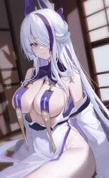 Rule 34 | 1girl, absurdres, azur lane, bare shoulders, bow, breast curtains, breasts, closed mouth, dress, hair bow, hair over one eye, highres, indoors, large breasts, long hair, looking at viewer, maanu, multicolored hair, off shoulder, pelvic curtain, purple eyes, purple hair, shadow, side slit, sitting, solo, streaked hair, thighs, unzen (azur lane), very long hair, white dress, white hair