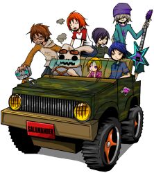 Rule 34 | 4boys, ^ ^, character request, closed eyes, copyright request, driving, electric guitar, grin, guitar, happy, instrument, luka, male focus, motor vehicle, multiple boys, robot, salamander (jonbonjovi82), simple background, smile, truck, vehicle, white background