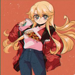 Rule 34 | 1girl, alternate costume, anaglyph, anno88888, blonde hair, blouse, blue eyes, breasts, casual, coffee, coffee cup, commentary, cup, denim, disposable cup, drink, eyelashes, fingernails, food, hand in pocket, highres, iowa (kancolle), jacket, jeans, kantai collection, long hair, orange background, pants, pizza, pizza shirt, pocket, print shirt, red jacket, shirt, simple background, smirk, solo, star-shaped pupils, star (symbol), starbucks, symbol-shaped pupils, t-shirt, white shirt