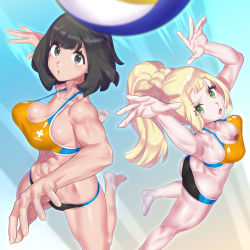 Rule 34 | 2girls, abs, alternate costume, armpits, arms up, ass, ball, barefoot, black eyes, black hair, bouncing breasts, breasts, cleavage, creatures (company), downblouse, foreshortening, game freak, green eyes, highres, lillie (pokemon), long hair, medium breasts, midair, mizuumi (bb), multiple girls, muscular, muscular female, nintendo, open mouth, parted lips, pokemon, pokemon sm, ponytail, selene (pokemon), short hair, sidelocks, sports bra, strap gap, v-shaped eyebrows, volleyball, volleyball (object)